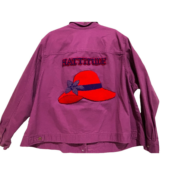 Womens Purple Denim Jacket Coat Red Hat Unique 3D chenille Glam Hattitude sz 26 - Picture 1 of 11